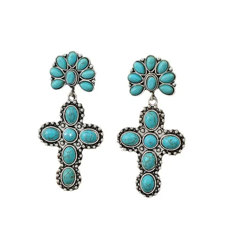 Blessed Christian Jewelry Western Style Faux Turquoise Stone Cross Earrings 2024 Wholesale Women\'s Western Cross Stud Earrings