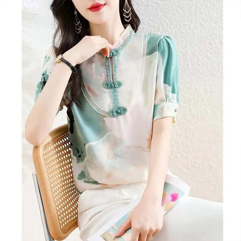 

Casual Loose ort Sve irt Summer Faion Print Korean Sle Stand Collar Button Detail Silk Blend Women's Premium Top
