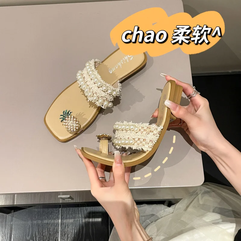 2022 Summer Women Slippers Solid Color Pearl Open Toe Flat Sandals Outdoor Beach New Fashion Plus 35-43 Zapatillas Mujer