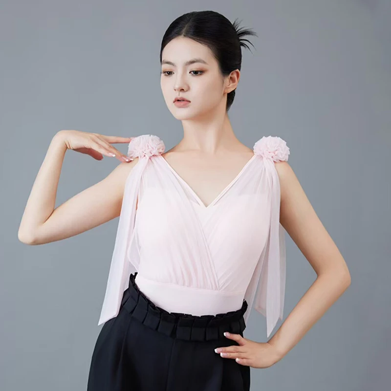 

New Yarn Flower Shoulder V Neck Ballroom Dance Tops Latin Dance Wear Women Bodysuit Waltz Dance Practice Performance Clothes