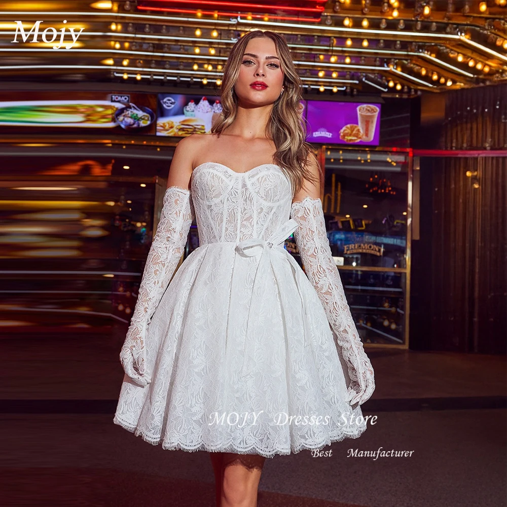 Mojy squisito abito da sposa corto in pizzo con guanti con fiocco in vita abiti da sposa su misura Robe De Marriage Sweetheart cerniera posteriore