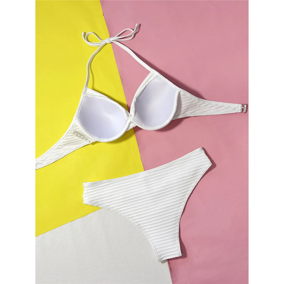 Gefalteter Neckholder-Bikini mit Bügel, Damen-Badebekleidung, zweiteiliger Bikini-Set, mittelhoher Bund, Badeanzug, Badebekleidung, Schwimmbekleidung V5440 – Detail 16
