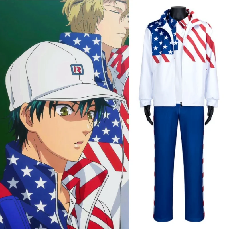 Anime The Prince of Tennis Cosplay Costumes Ryoma Echizen USA Team Uniform Mens American Flag Printing Jacket Halloween Costume