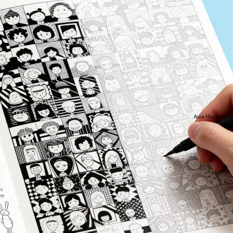 A 40 Page Healing Simple Drawing Coloring Book, Grid Box Geometric Splicing Diverse Character Facial Emotion Avatar Drawing Book