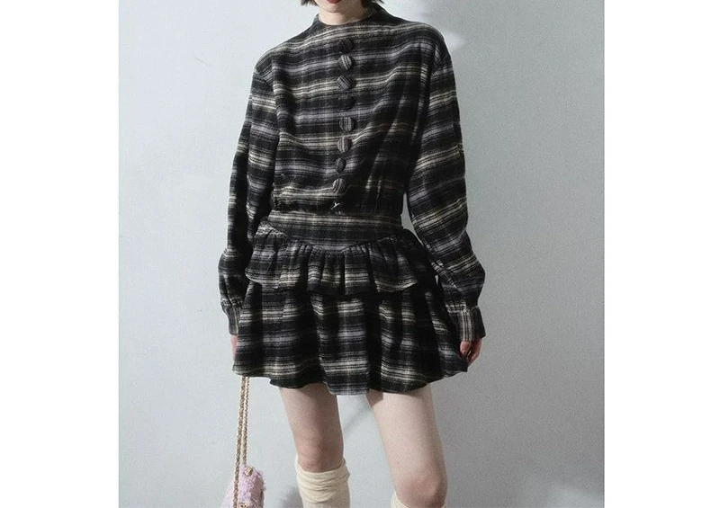 2026 Nieuwe geruite retro coltrui taille lange mouw lotusblad shirtjurk dames