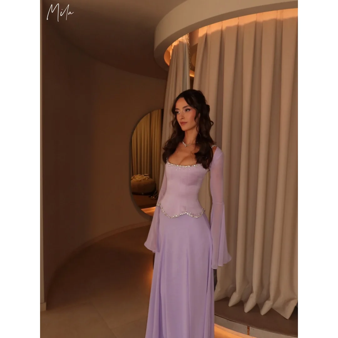 Mila Custom Lavendel Quadratischer Ausschnitt Perlenbesetztes, ausgestelltes, langärmliges Chiffon-Abschlussballkleid, Abendkleid, formelles Abschlussballkleid, Homecoming-Kleid