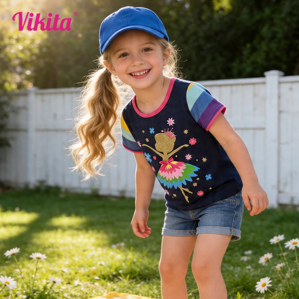VIKITA Mädchen-T-Shirt mit Cartoon-Aufdruck, Marineblau, Sommer, kurzärmelig, Baumwolle, lässig, niedlich, für den Alltag, Tops und T-Shirts, Outfit, Kinderkleidung
