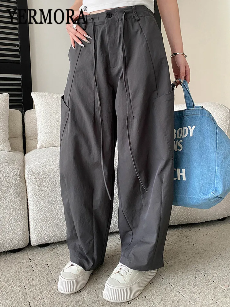 

YERMORA High Waist Gray Bandage Pocket Casual Wide Leg Pants For Women Loose Fit New Trousers Fashion Tide Spring Autumn 2026