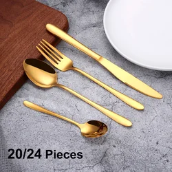 8/12/16/20/24Pcs Gold Tableware Stainless Steel Cutlery Set Western Dinner Set Mirror Knife Spoon Fork Kitchen Untensils