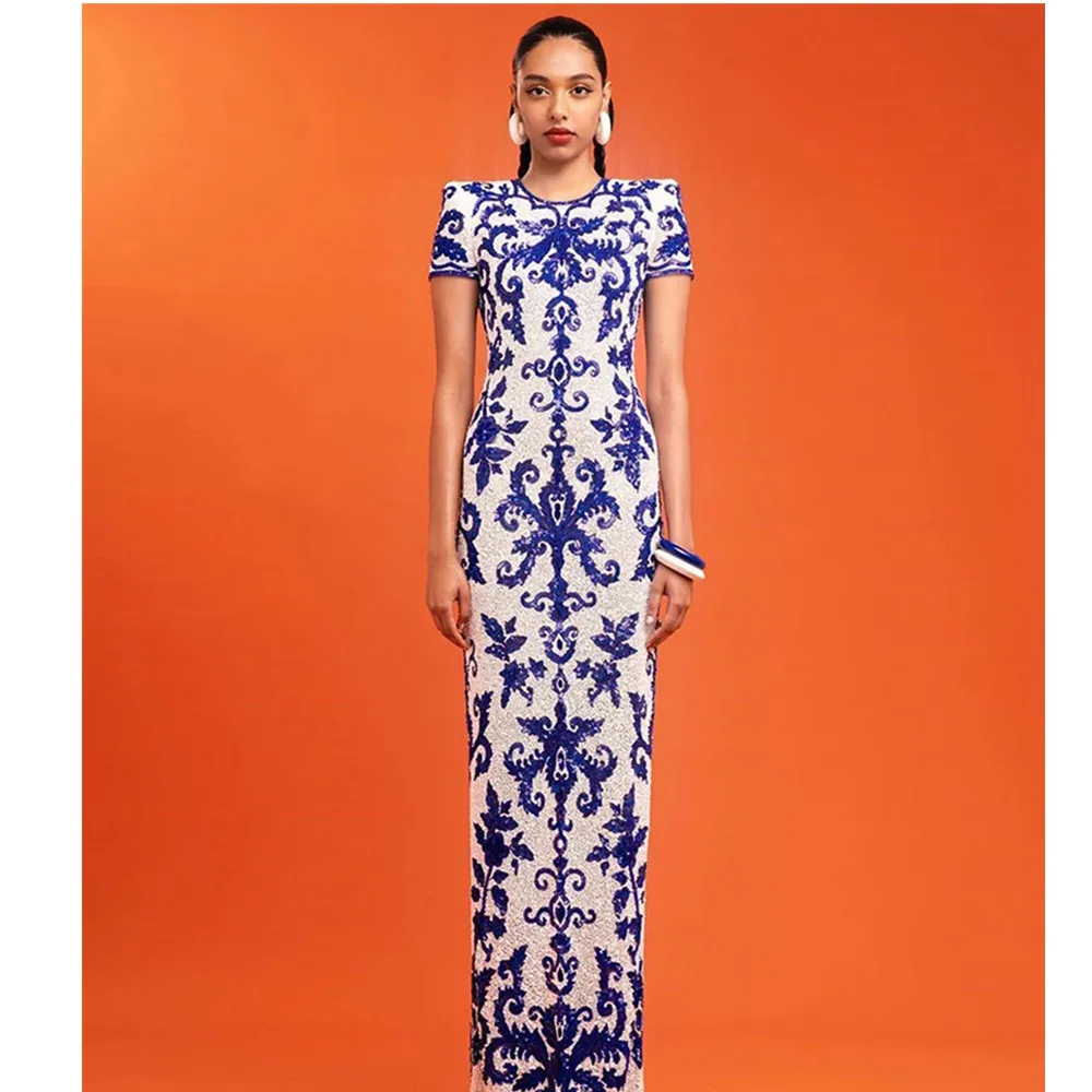 

Faionable Spring Summer Blue Floral Embroidery ort Sve Midi Dr Ba Split Slim Fit Wrap Skirt Dr Casual Par We...