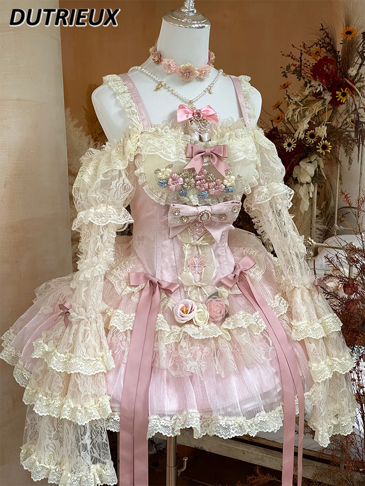 Kawaii Sweet Bow Lolita Dress for Girls Exquisite Lace Flowers Girl Romantic Style Party Dinner Birthday Princess Dress Summer