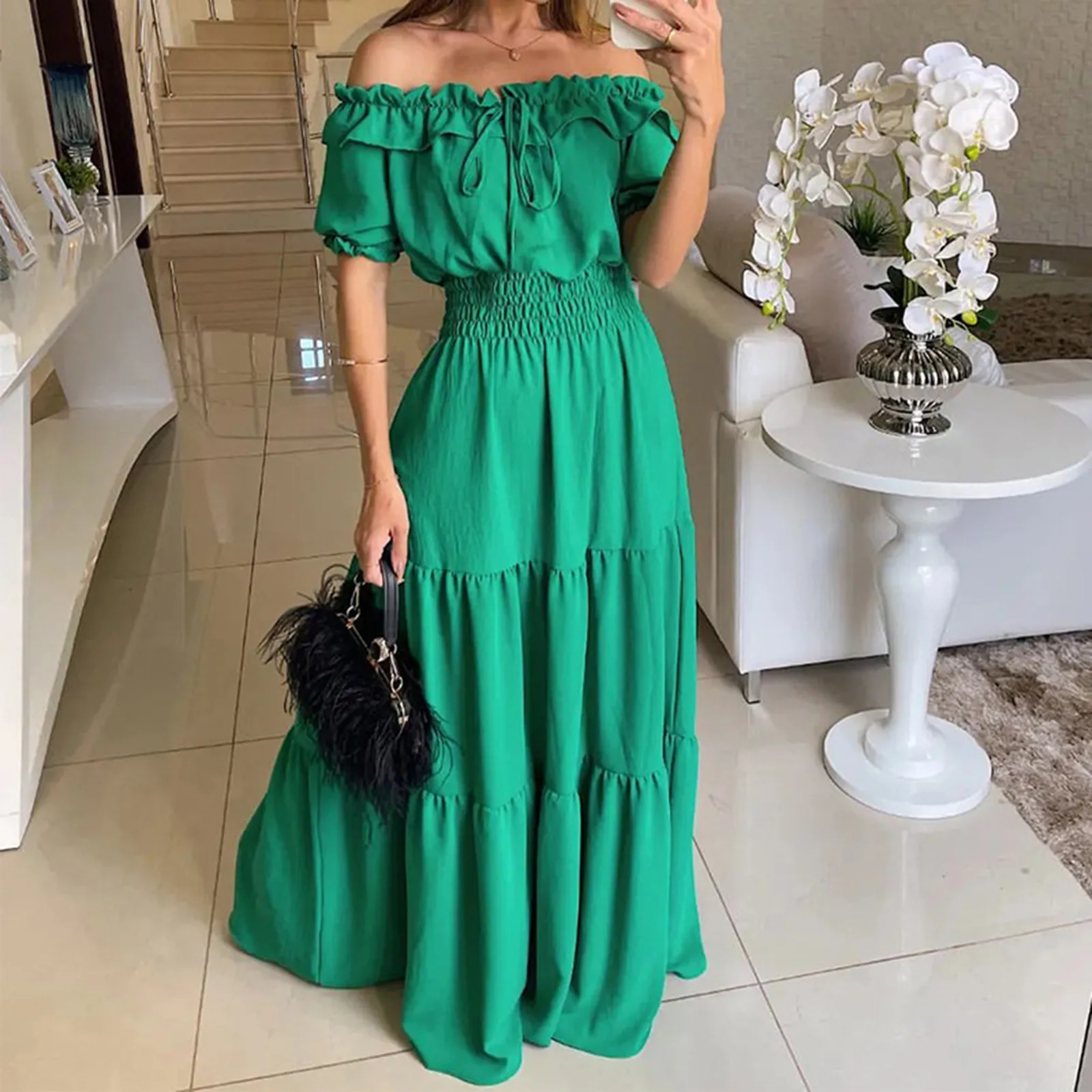 

Elegant Solid Color Puff Short Sleeve Women Dress Ruffles One Shoulder Elastic Waistband Dresses Boho Style Robe Femme Vestidos