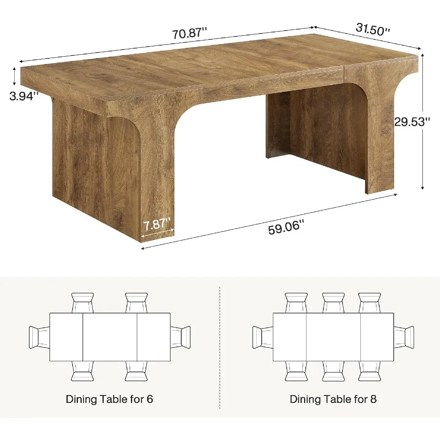 71-Inch Farmhouse Dining Table with Arched Design for 6-8, Oak Finish, Warm Natural Tone, Solid Wood Construction and Rustic El