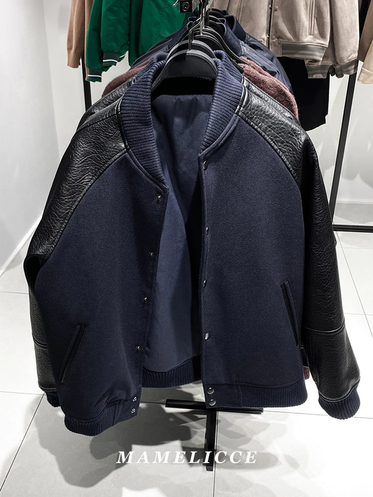 

MAMELICCE Original design Wool blend Synthetic leather Patchwork Baseball jacket Cotton clothes high quality padding Men jackets
