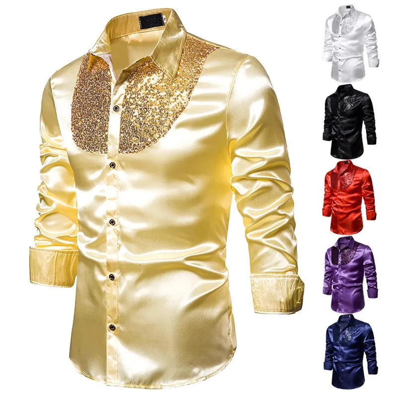 New Men's Shirt Sequined Performance Nightclub Men's Host MC Men's Lapel Long Sleeve Solid Color Shirt Mens Dress Shirts