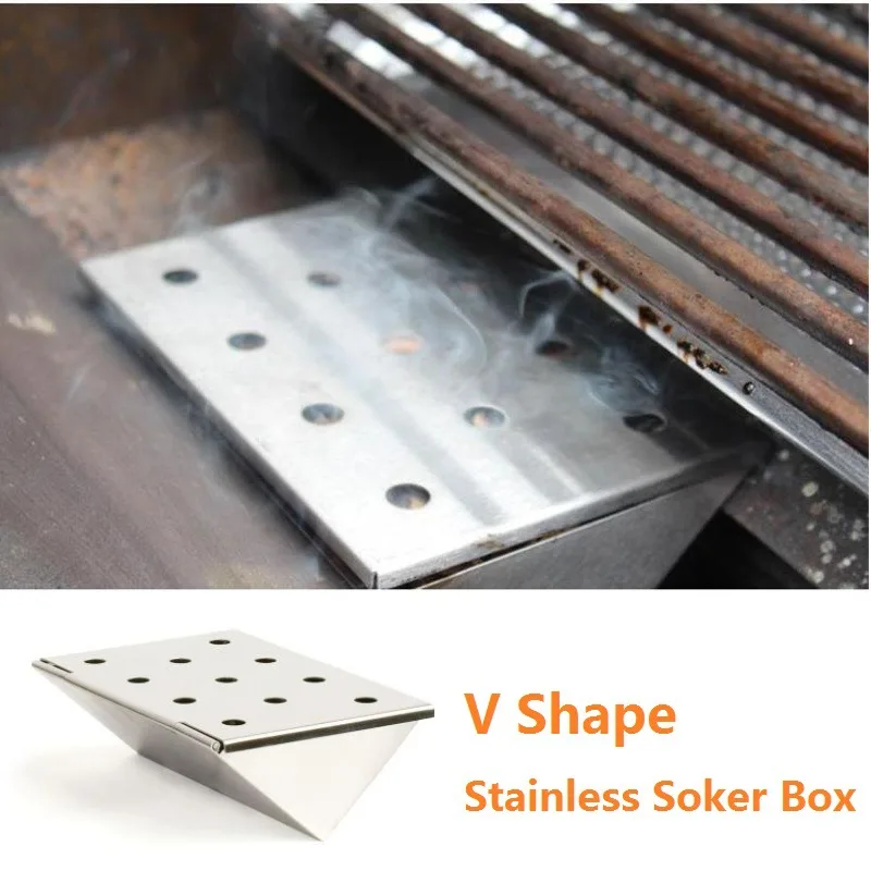 6inch V-Shape BBQ Smoker Silver Gas Grill Smoker Box Wood Chips Smoker Short Barbecue Smoking Box Flavour Grill Box BBQ Tool
