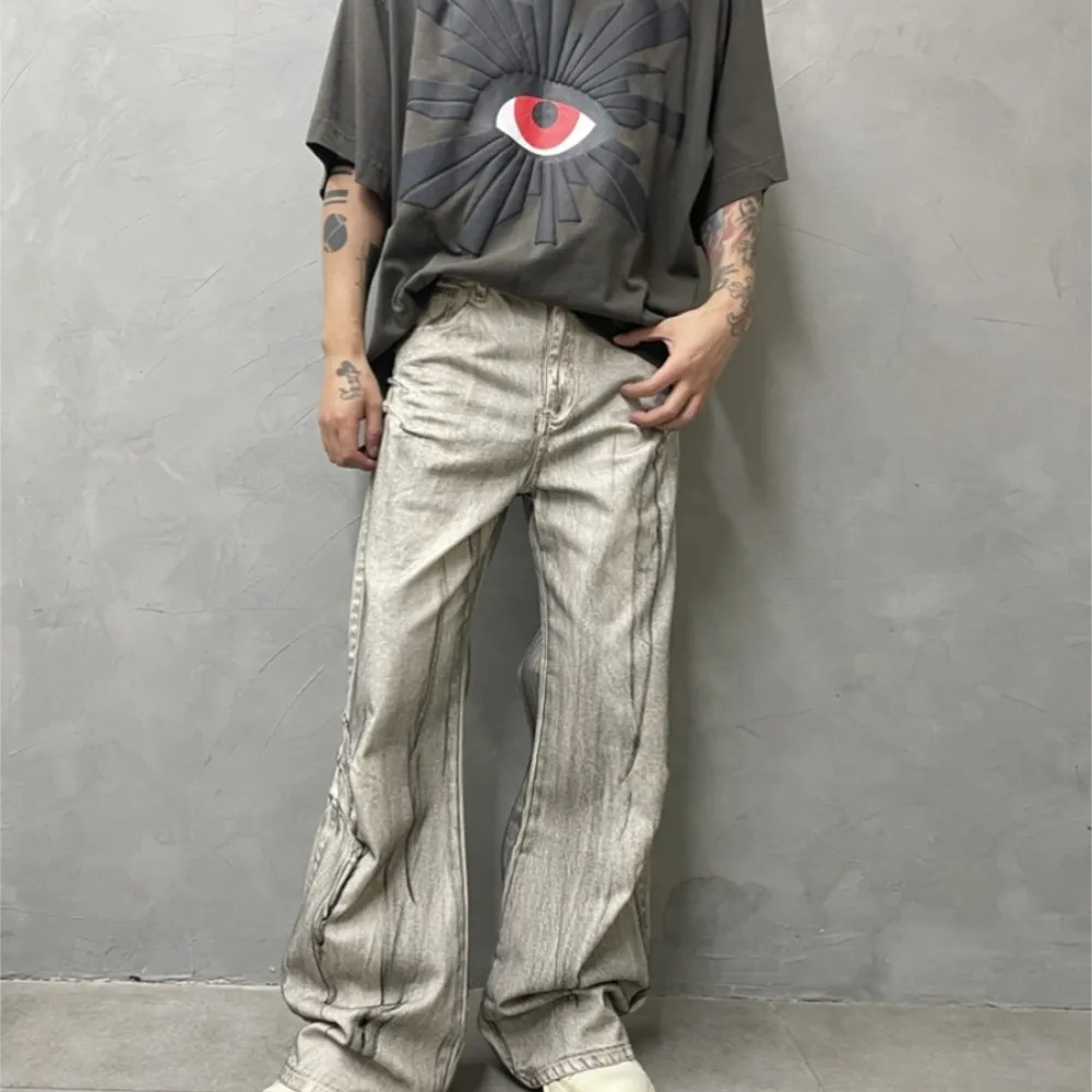 High Street Washed Distressed Stitching Wide Leg Jeans Personality Dirty Gray Loose Casual Pants Fashion Trendy Trousers