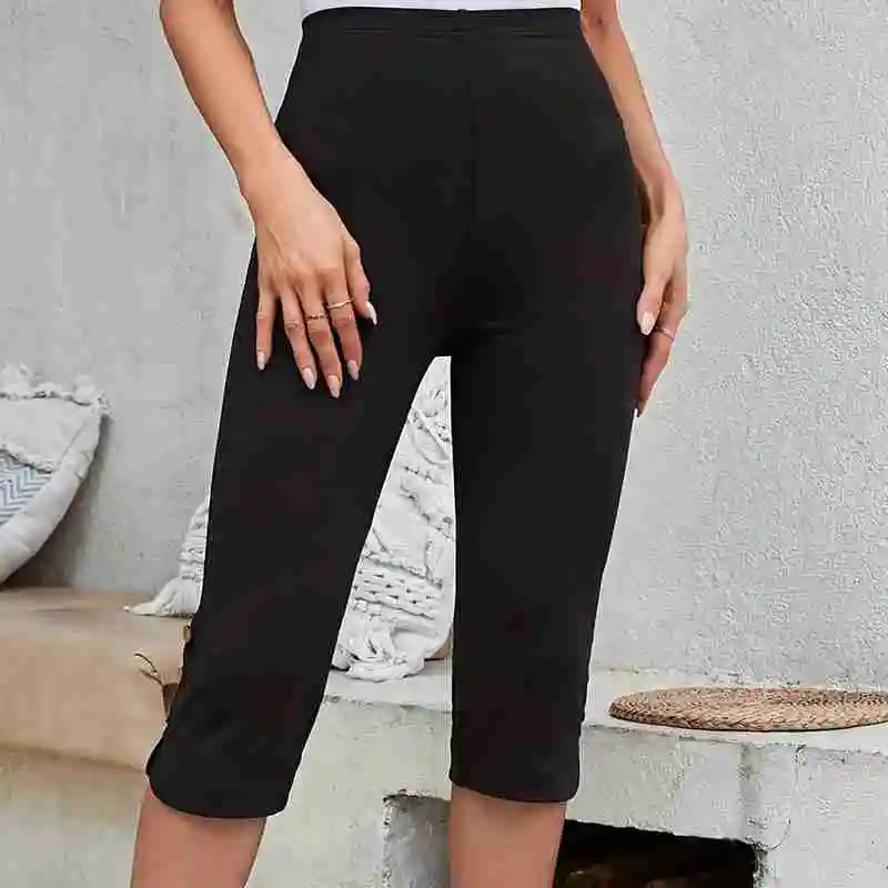 Women\'s Fashionable High Waisted Tight Capris Yoga Casual Solid Color Button Side Slit High Waisted Leggings