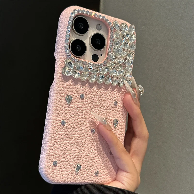

Pink Leather Glitter Silver Diamond Case For iPhone 16 11 12 13 14 15 Pro Max Plus 16e Luxury Bling Rhinestone Plain Hard Cover