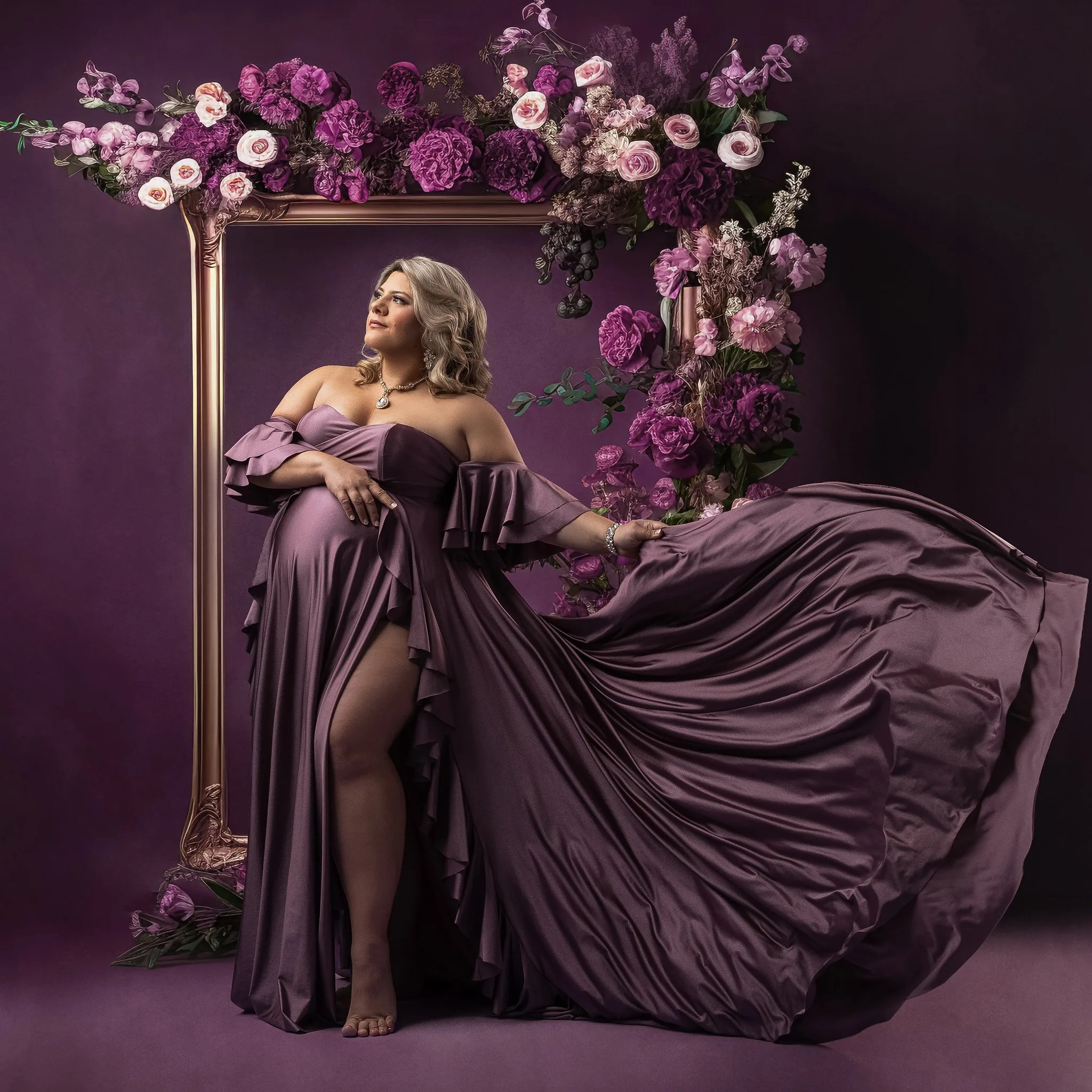 

Off Shoulder Purple Maternity Robes for Pregnant Women Ruffles Sweep Train Satin Evening Gowns Side Split Photoshoot Dresses