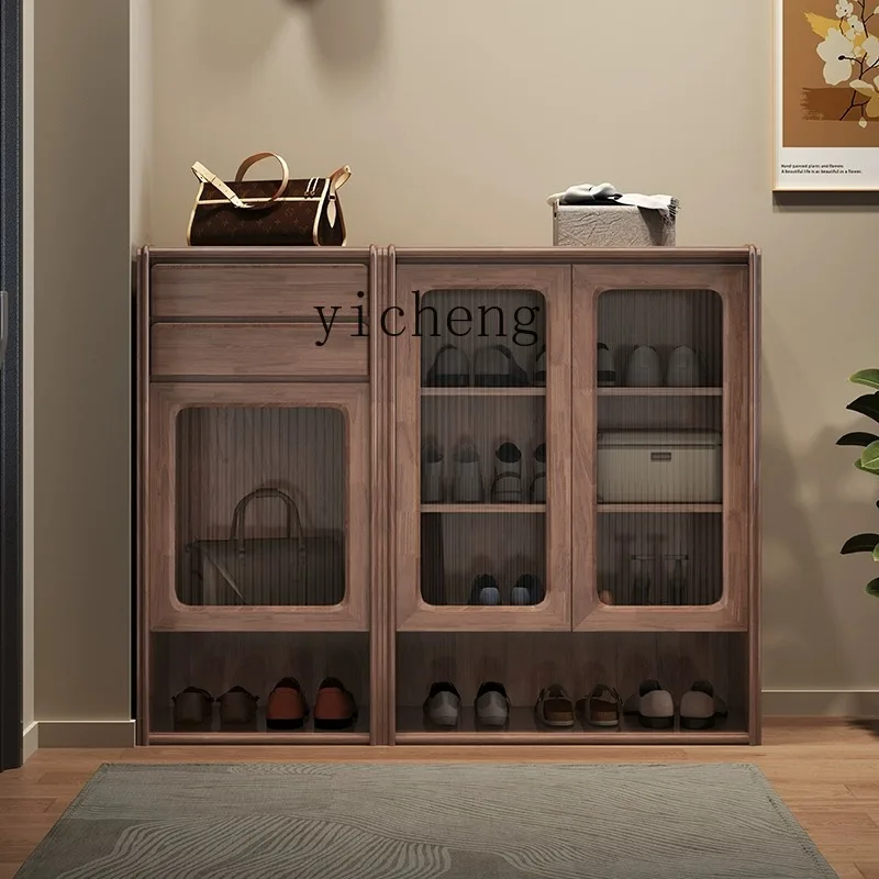 

FY Walnut Solid Wood Shoe Cabinet Home Entrance Shoe Changing Bench Integrated Multi-layer Storage Cabinet