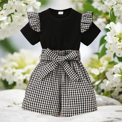 Estate Plaid Set bambini ragazza vestiti manica corta t-shirt cintura corta 3-7 anni moda Casual carino bambini Set ragazze nuovo