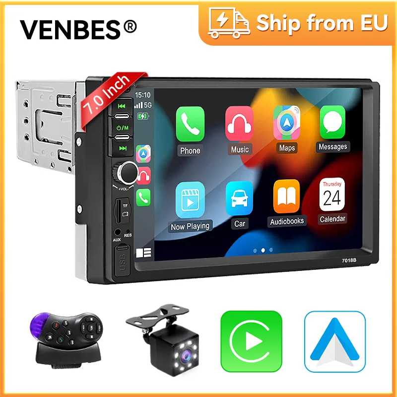VENBES 1 Din Radio de coche 7 pulgadas CarPlay Android Auto pantalla táctil Mirrorlink Bluetooth FM USB TF AUX