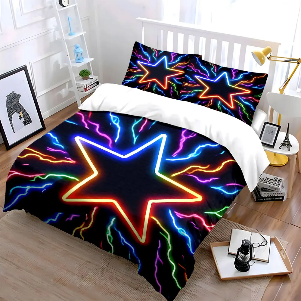 Neon Star with Radiant Streaks Duvet Cover Set with 3D Printing Design Soft Polyester Bedding Set All-Season Comfort for gifts