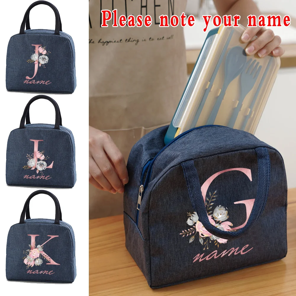 Portable Lunch Box Insulated Canvas Lunch Bag for Women Customized Name Letter Series Handbag Kids Thermal Picnic Food Bags