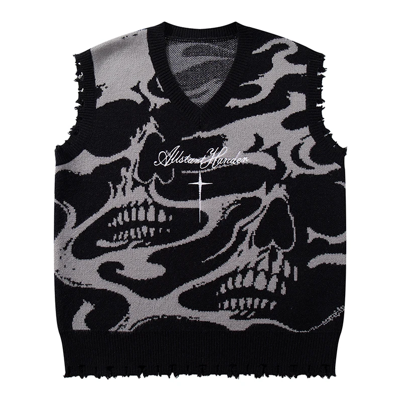 

Autumn Men’s Streetwear Skull Flame Knit Sweater Vest Punk Gothic Sleeveless V Neck Distressed Edge Pullover Hip Hop Casual Tops