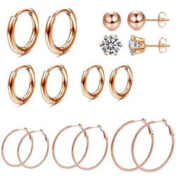 1-8 Pairs Stainless Steel Rose Gold Plated Hoop Earrings for Women Girl Hypoallergenic Ball CZ Stud Women Earrings Loop Earrings