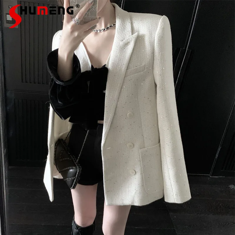 

Trendy Fashion Women Black and White Sequined Profile Woolen Blazer Female Autumn Winter Long Sleeve Mid-length Loose Suit Coat