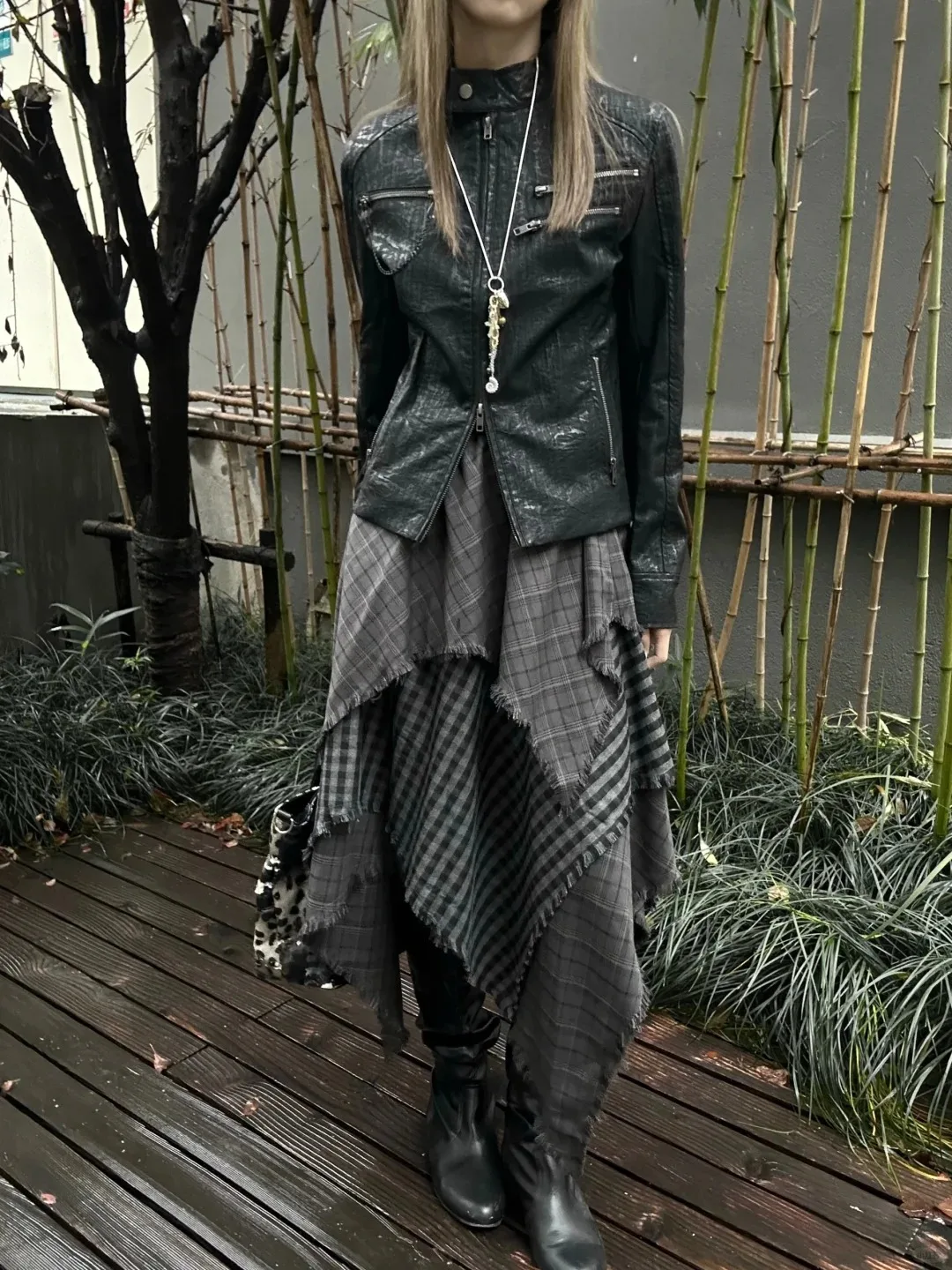 Grey Plaid Asymmetric Designer Multi Layers Patchwork Mid Long A-line Skirt Raw Edge Punk Gothic Vintage Korea Women Long Skirt