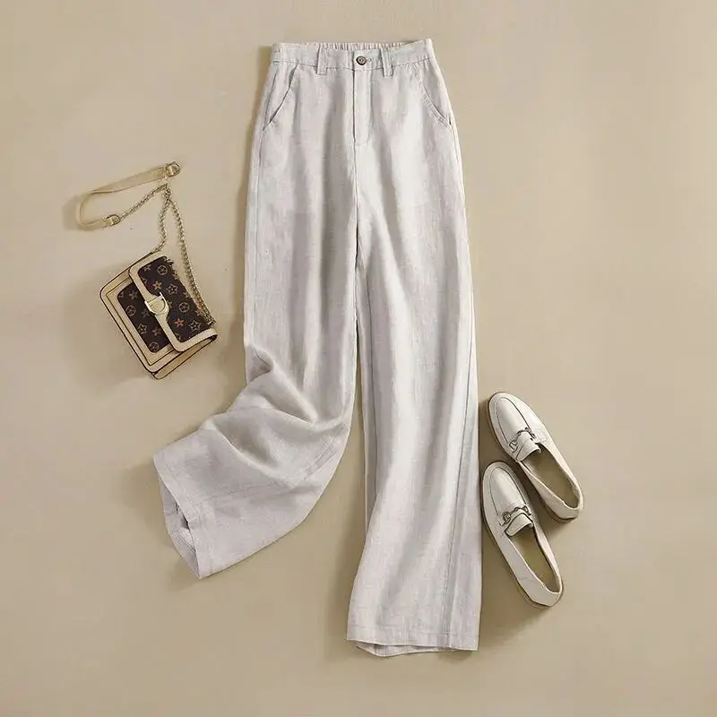 Linen High Waist Solid Color Wide Leg Pants Summer New Korean Women Loose Large Size Fashion Temperament Drape Casual Straight P
