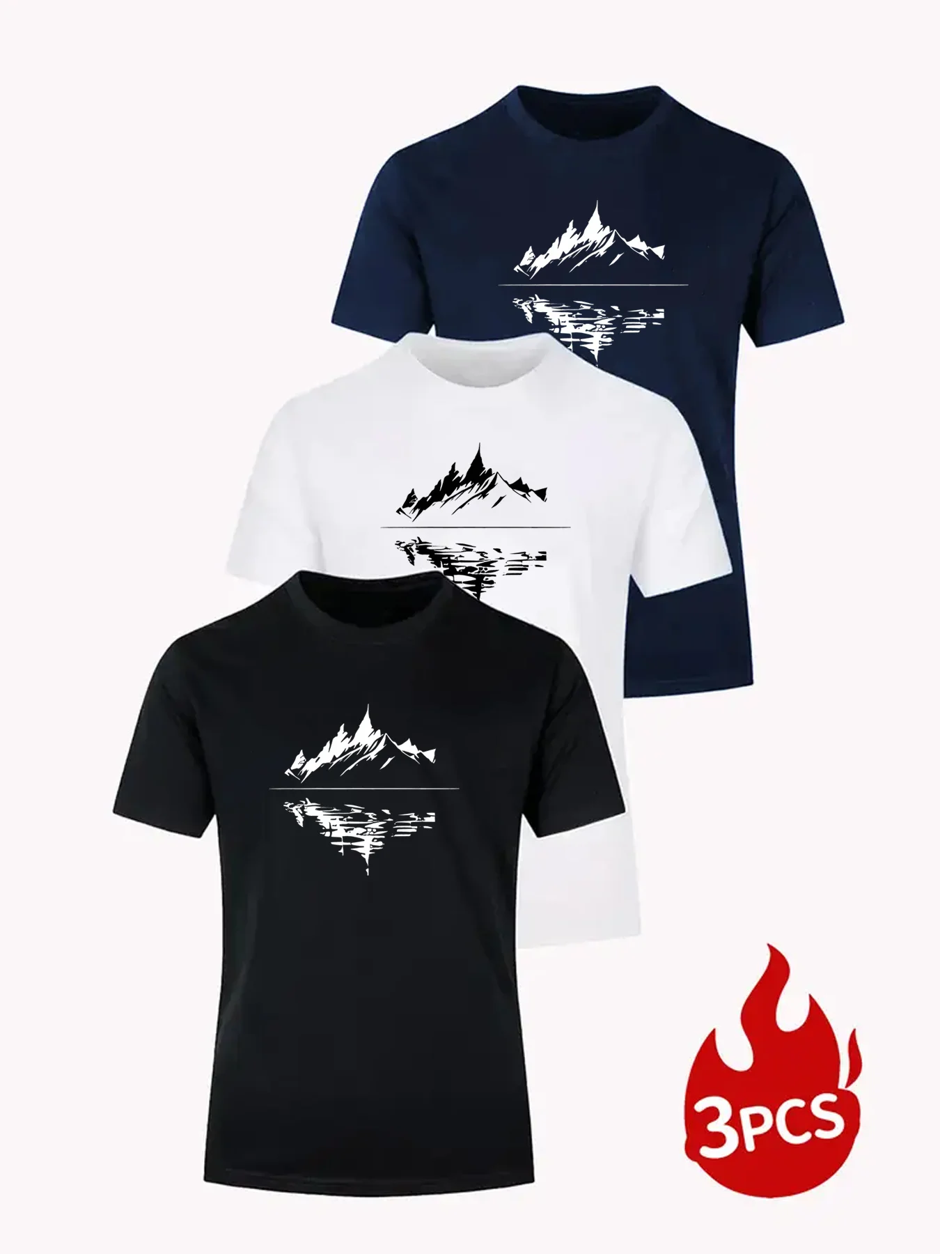 

3-piece Men's Printed T-Shirt - Soft, breathable pure cotton round-neck T-shirt with stylish and cool mountain pattern print
