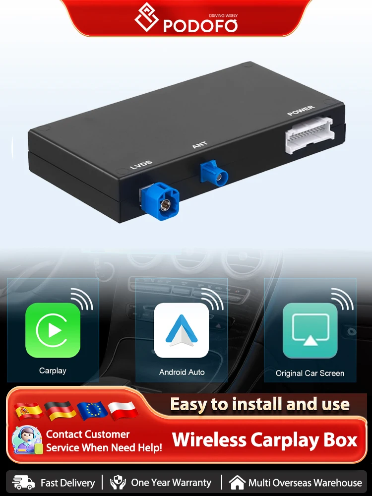 Podofo Wireless Carplay & Android Auto Decoder Kit oder Benz NTG5.0/5.1/5.2 C Klasse W205 GLC 2015-2019 Unterstützt TV-Nachrichten GPS