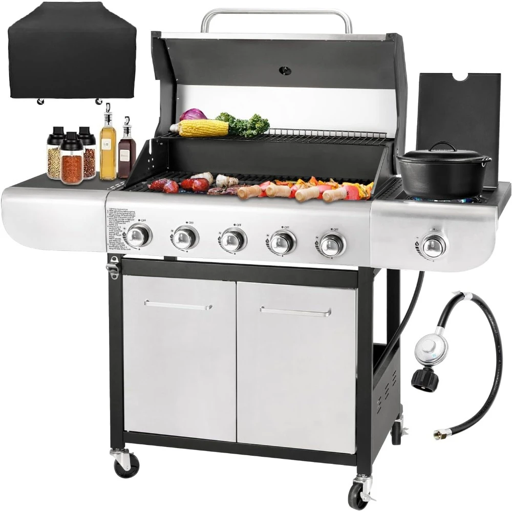 

5-Burner Propane Gas BBQ Grill with Side Burner, 53,000 BTU Output with Enameled Cast Iron Grates for Barbecue, Stainless Steel