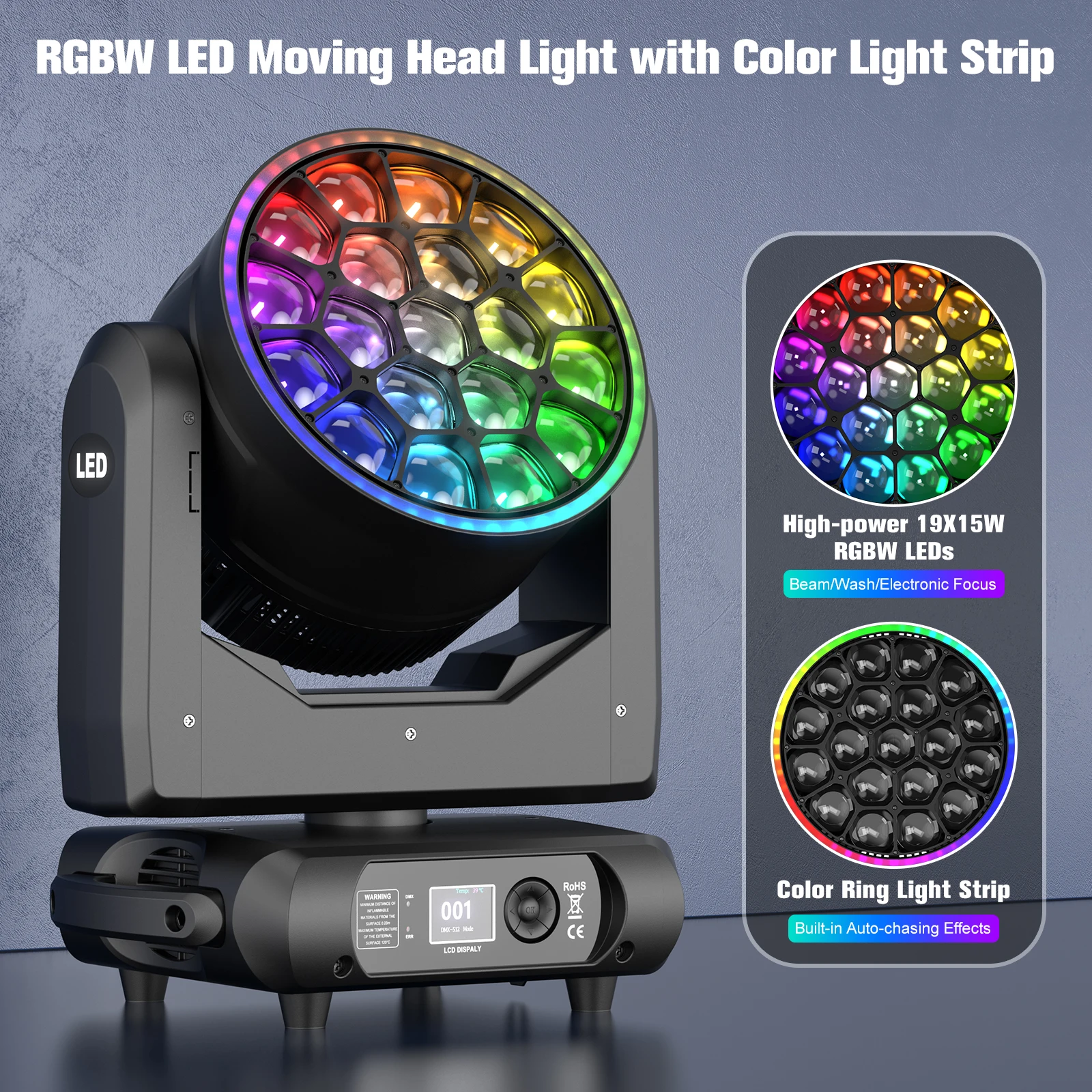 Datewink 19x15W RGBW LED Moving Head Light With Light Strip Beam Stage Lighting Effect DMX512 For DJ Disco Wedding Party Concert