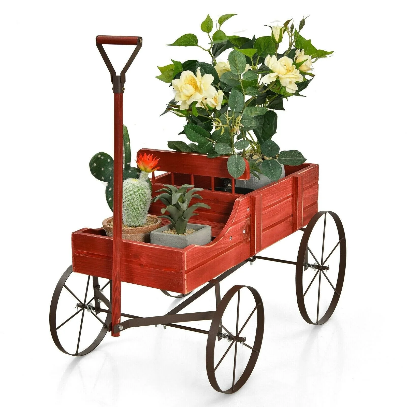 US Wooden Wagon Flower Planter Pot Stand Bed W/Wheel Home Garden Yard Outdoor Decorv