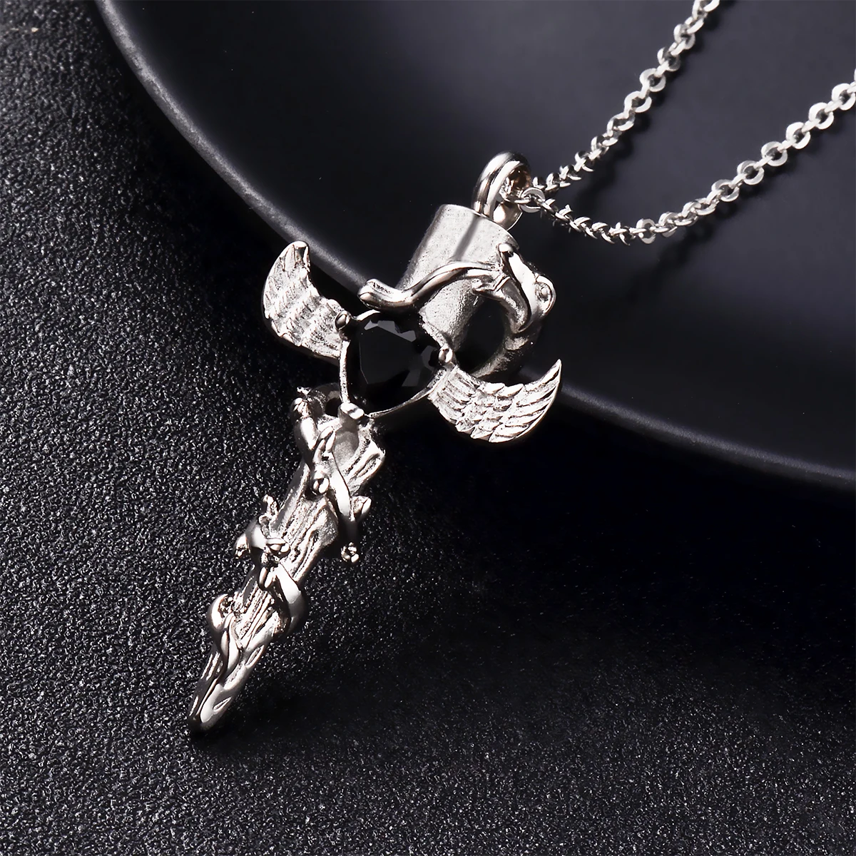 Wing Cross Snake Urne Kremations-Halskette Hip-Hop-Schwert-Anhänger Edelstahl Gedenkschmuck für Tier- und Menschenasche – Detail 4