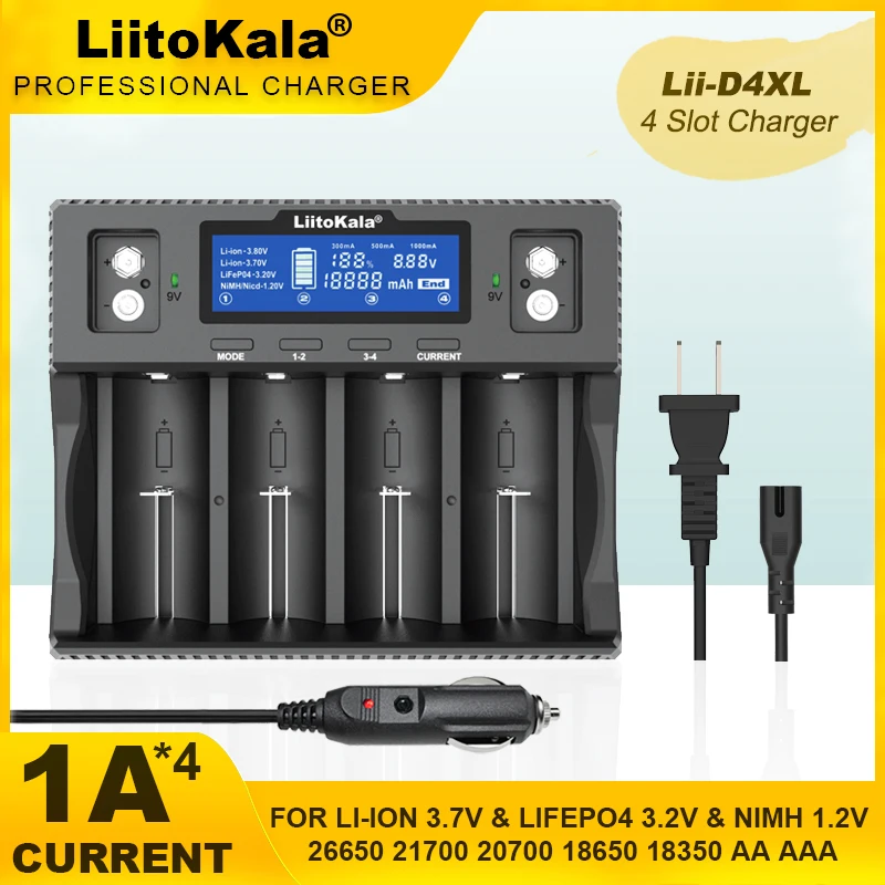 LiitoKala Lii-D4XL 402 M4 21700 18650 3.7V  26650 26700 32700 D AA AAA 9V LCD Display Battery Charger