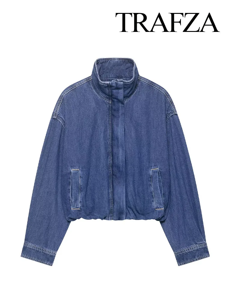 

HH Women's Fashion Long Sleeves Jackets Denim Blue Turtleneck Pockets Button Zipper Female Autumn High Street Short Coats