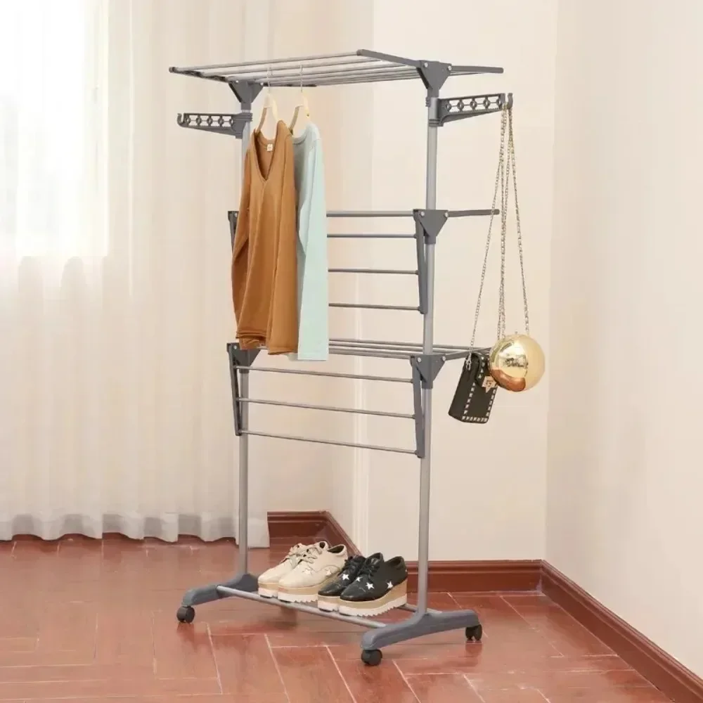 Folding Drying Clothes Rack Stainless Steel Floor Mobile Coat Storage Rack Movable With Roller Household Clothes Towel Racks