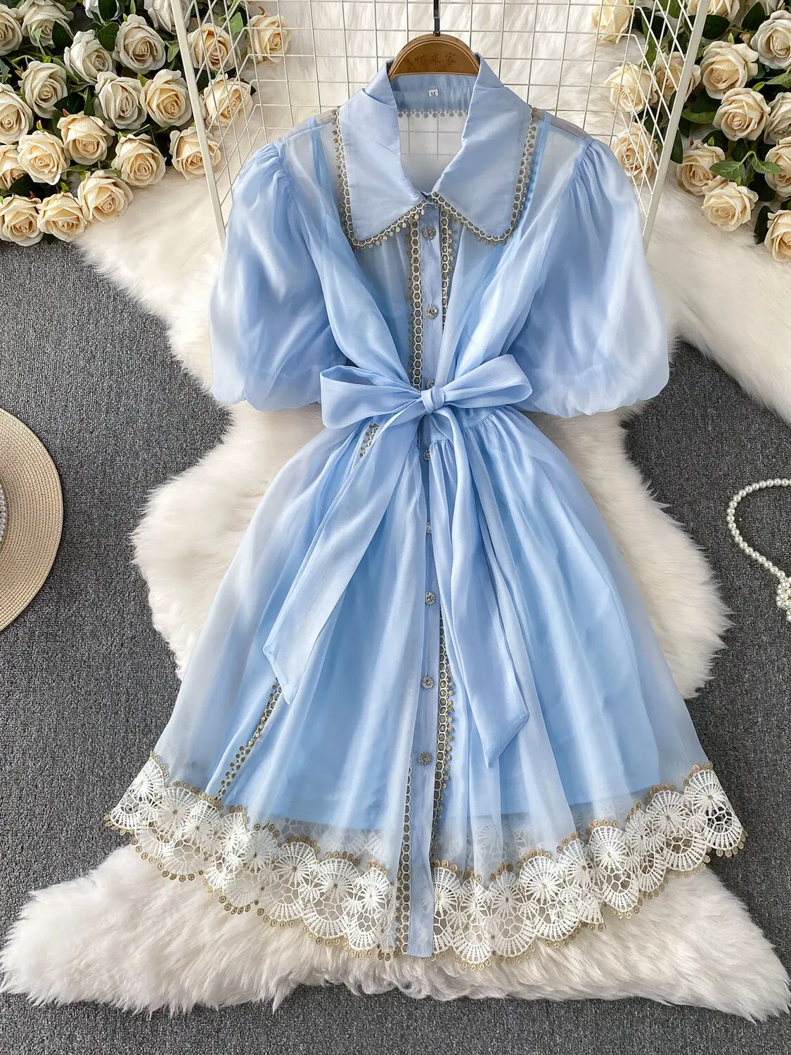 Prinzessin Stil Süße Spitze Stickerei Organza Kurzes Kleid Shirt Frauen Sommer 2-teiliges Set Lässige Elegante Geburtstagsparty Kleider