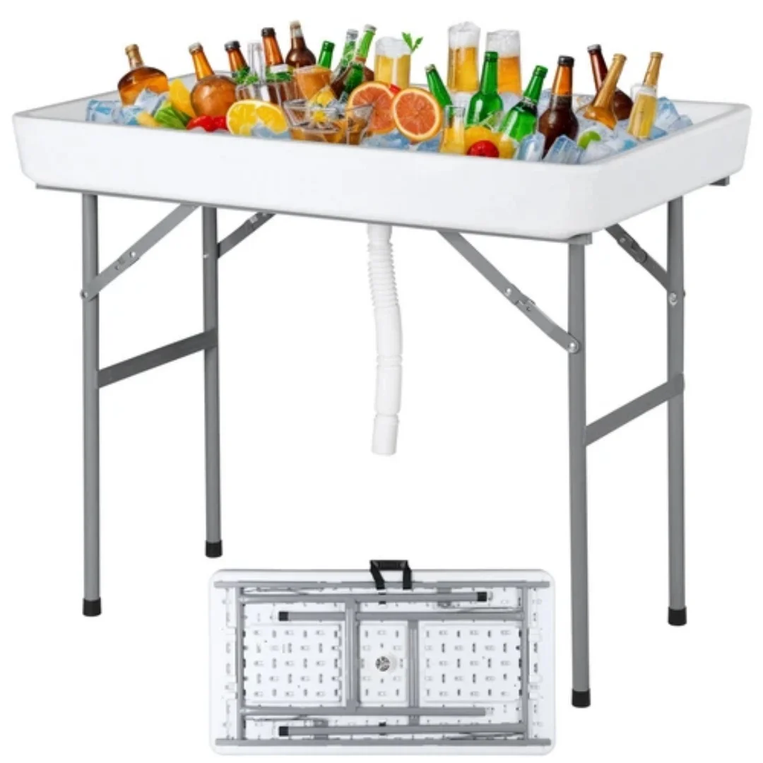 Party Ice Cooler Folding Table w/ 5L Bucket Portable Outdoor Cooler Table White