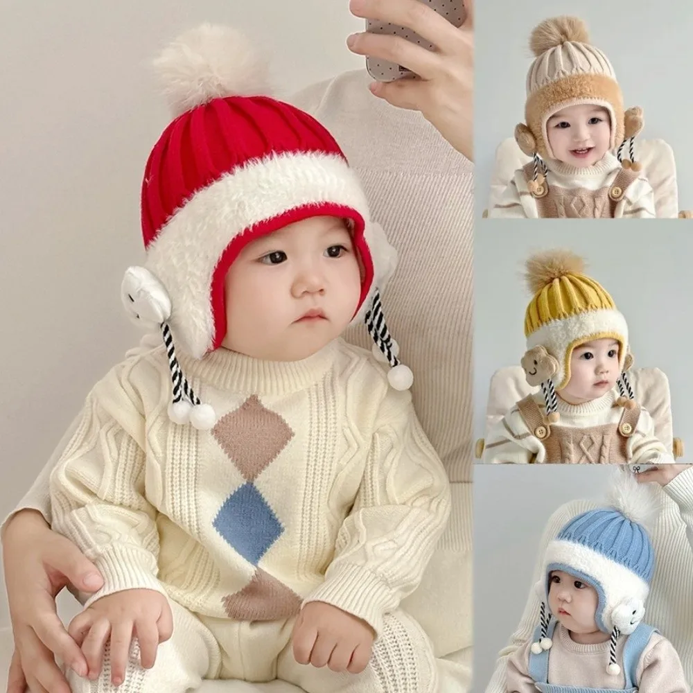 

Новая теплая вязаная шапка, холодостойкая пуловер с милым медведем, ветрозащитная шапка-бини с помпоном для детей 0–3 лет