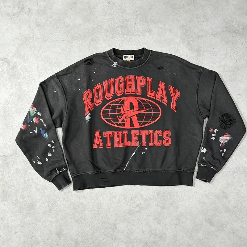 Rough Play Loose Fit Crew Neck Sweatshirt Distressed Holes Paint Splatter Letter Print Top