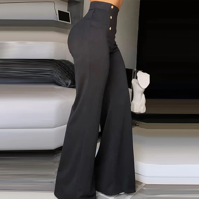 Fashion High Waist Fitted Formal Pants Elegant All Match Wide Leg Pants Female Trouser High Street Double Breasted Workpants