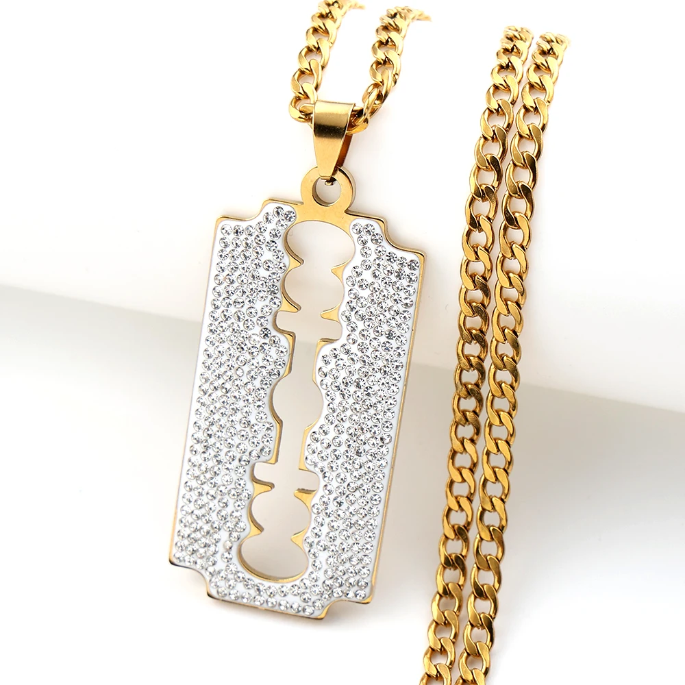 Stainless Steel Razor Blade Full Rhinestones Long Necklace for Men Women Gold Color Punk Steampunk Grunge Hip Hop Chain Jewelry
