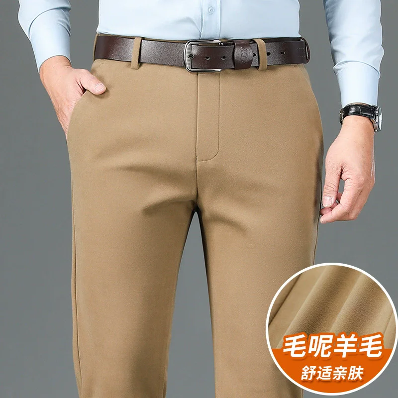 

Thicken 5% Wool Winter Mens Pants Straight Stretch Black Khaki Causal Pants Business Flat Formal Suit Pants Trousers Size 40 42